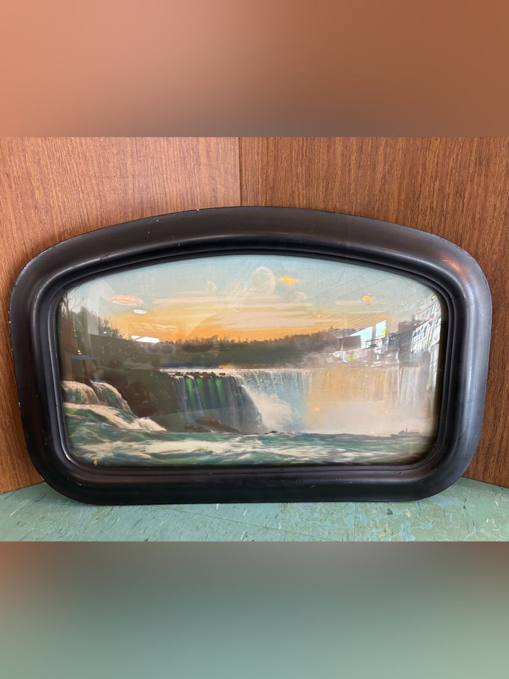 Antique Black Framed water fall wall art convex bubble glass vintage 1930’s